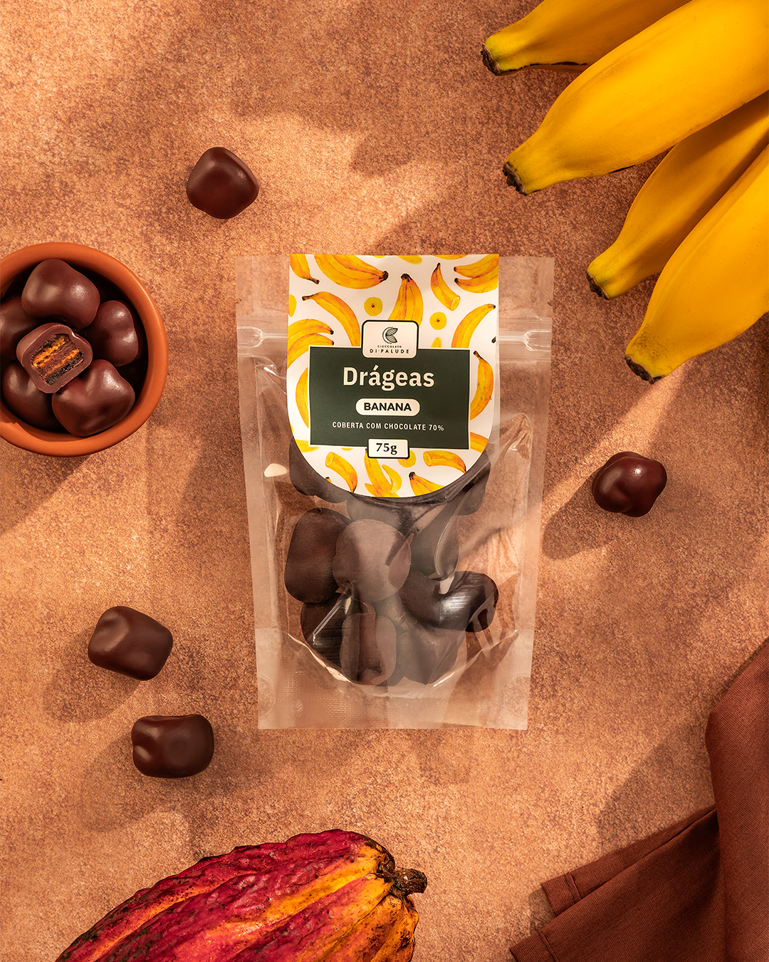 Drágeas de Banana com Chocolate Intenso 70% Cacau 75g – Di Palude